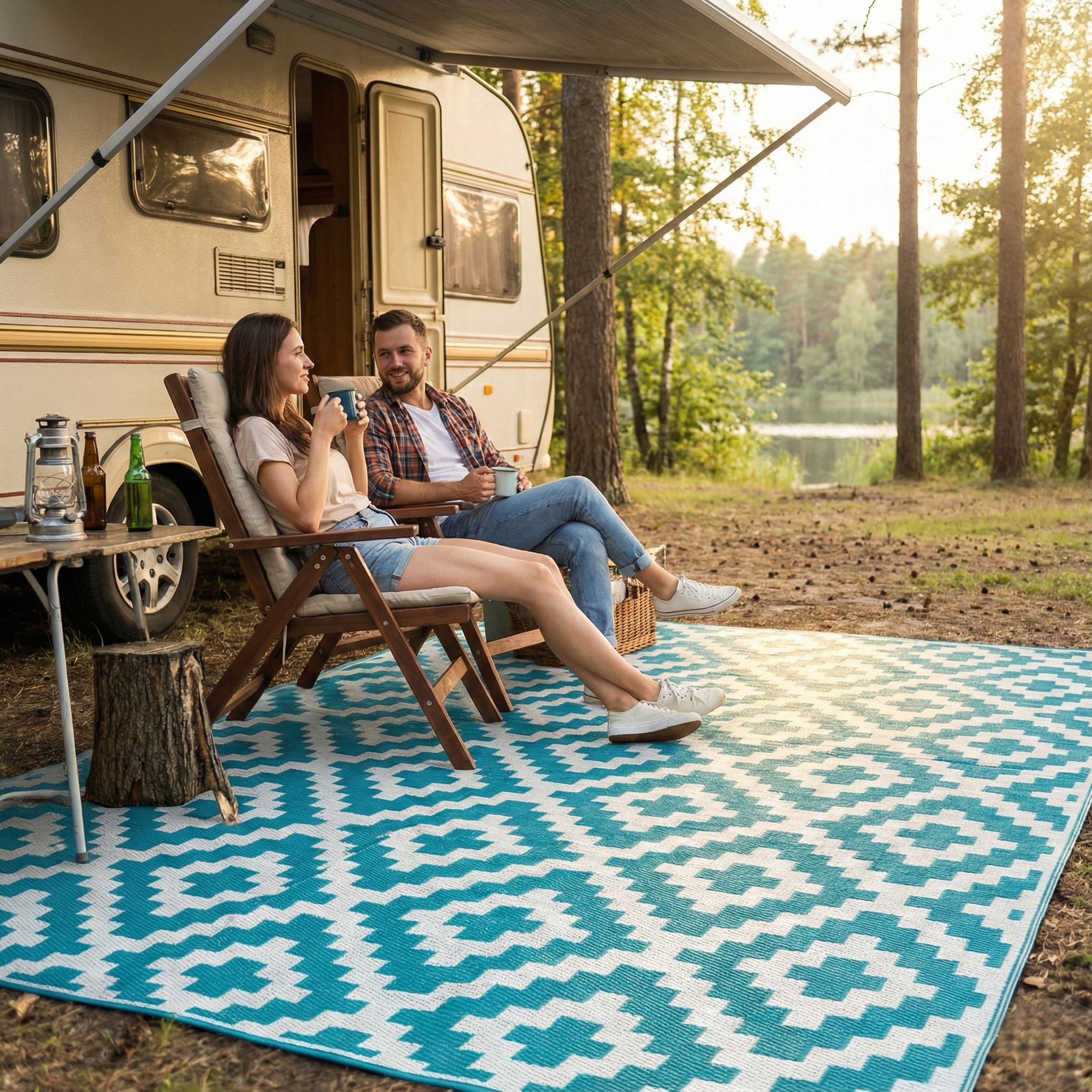 Lifestyle view of couple in camp chairs on teal and white diamond foldable outdoor rug by camper